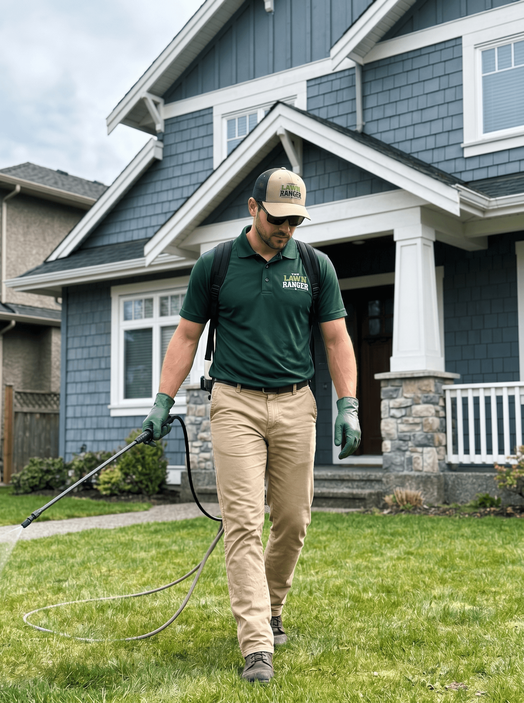 The Lawn Ranger technician walking across a Lower Mainland residential lawn
